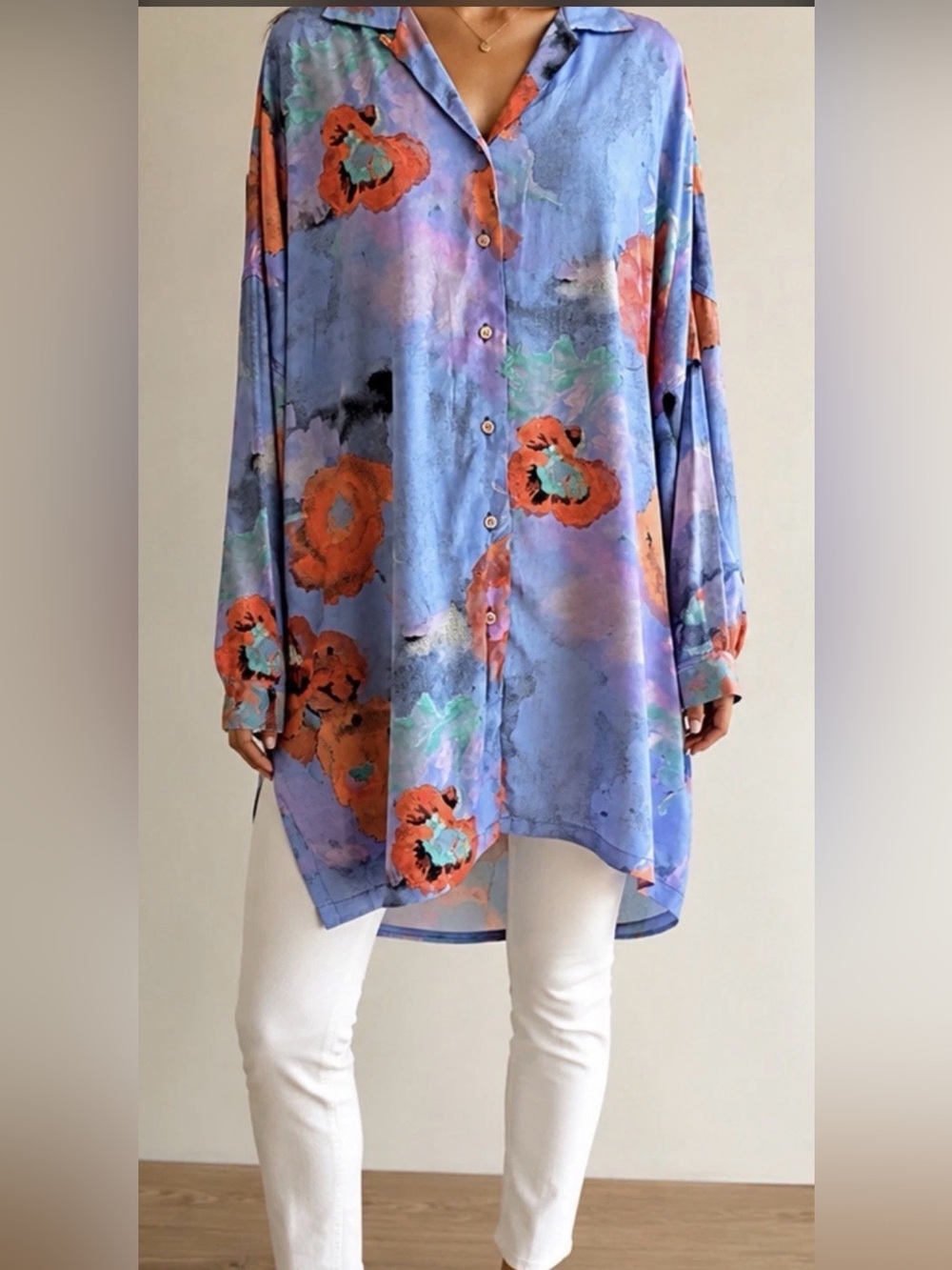 Island Moon Vintage poppy watercolor tunic, flowy lagenlook. Size M